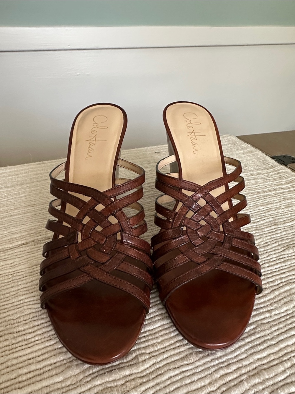 Vintage HIGH Qualiry Cole Haan Brown Leather Woven Slide Mules 7 AA